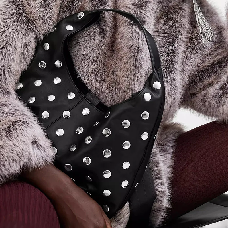 

Retro PU Versatile Single Shoulder Underarm Bag Black Motorcycle Wind Rivet Hobo Bag Oil Leather Bag