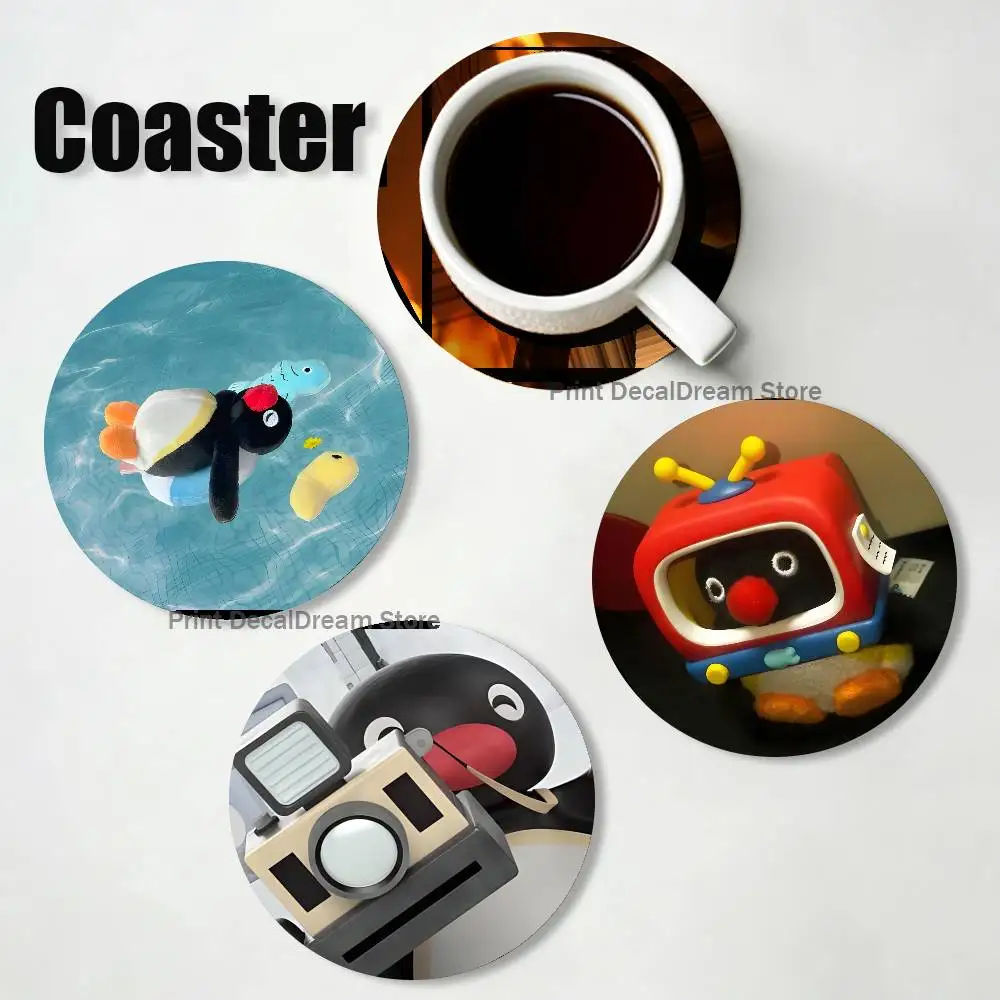 Cute P-Pingu 2D Pattern round Wooden Coaster Decorative Coffee Cup for Use in Coffee Shops Bars Wine Beer