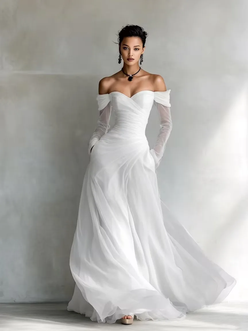 Verngo Navy Blue Tulle Evening Dress Off The Shoulder Full Sleeves A Line Pleated Prom Gown Women Party Gown Customized image 3