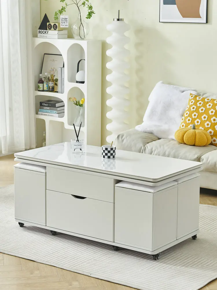 Cream style long bottom plate lifting coffee table, small unit, mobile telescopic storage, multifunctional with stool