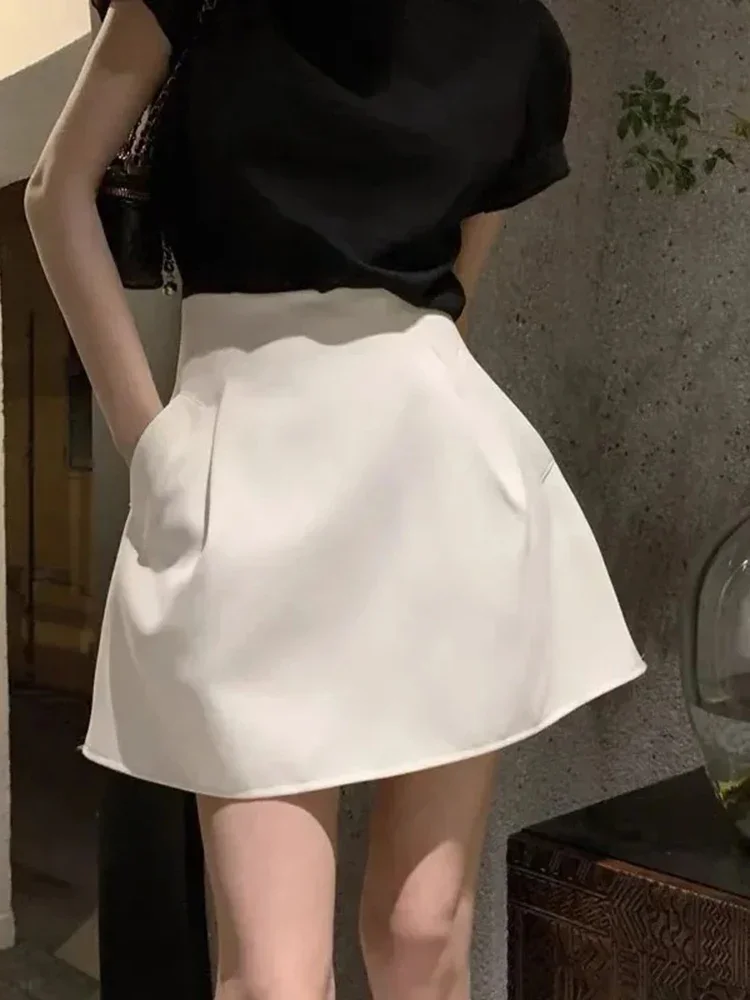 New Women's Retro Solid Color High Waisted Fluffy Flower Bud Skirt Fashion Korean Workwear Y2K Pocket Casual Women A-line Skirt
