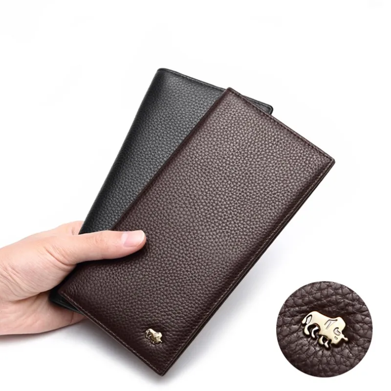 BISON DENIM Genuine Leather Long Wallet Business Men\'s Soft Thin Wallet Card Holder Luxury Brand Design Handy Male Purse Bag