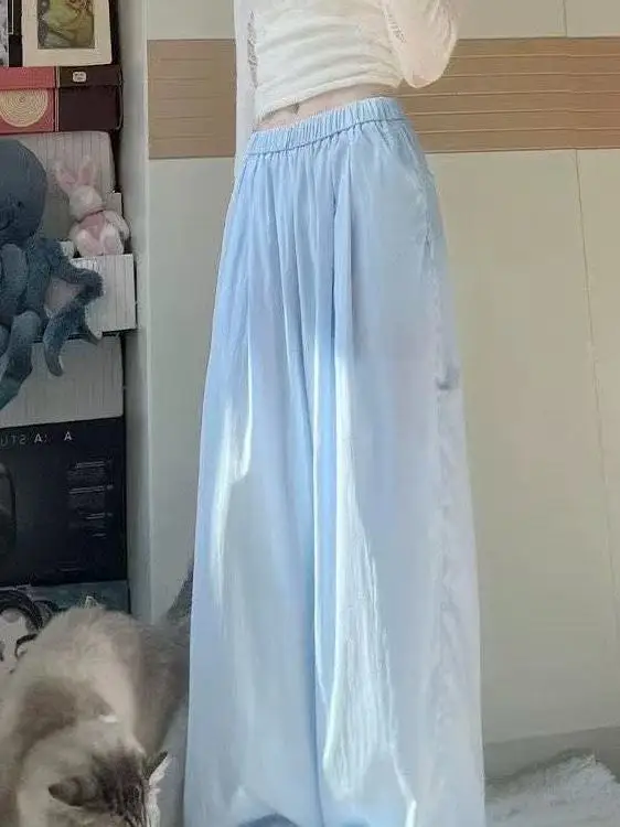 

Blue Summer Thin Ice Silk Wide Leg Pants Women's Casual Loose Lazy Sabama Straight Cut Trousers Commute Style High Waist