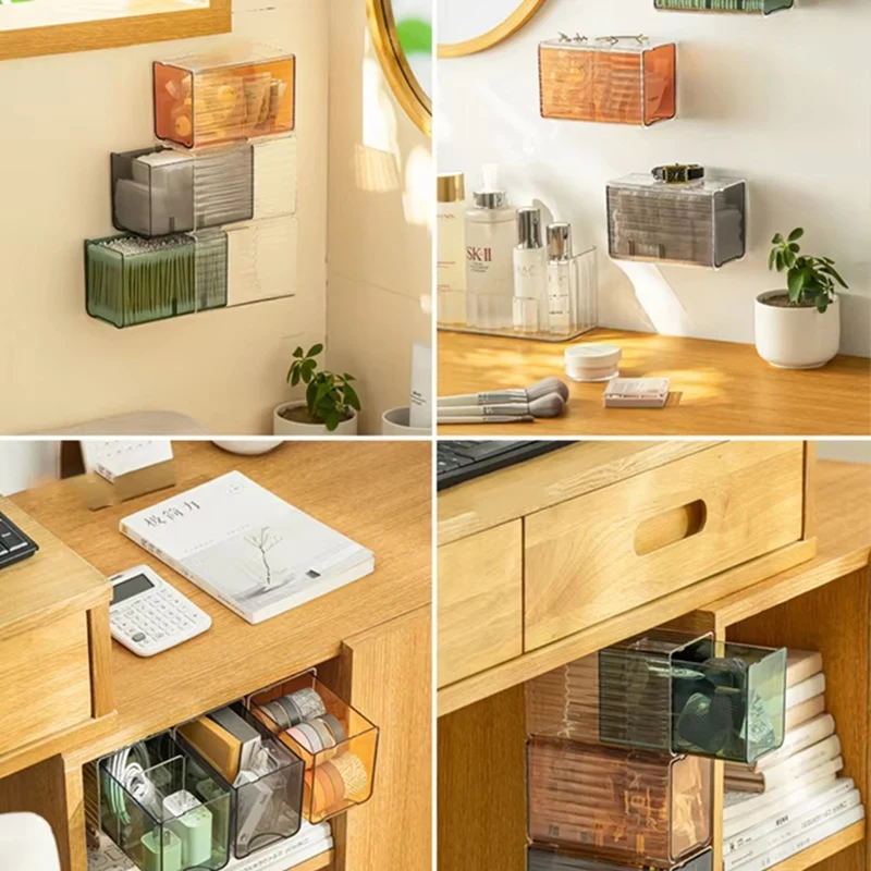 WISH Wall-Mounted Cotton Pad And Swab Organizer Box, Punch-Free Transparent Plastic Cosmetic Storage Container With Drawer