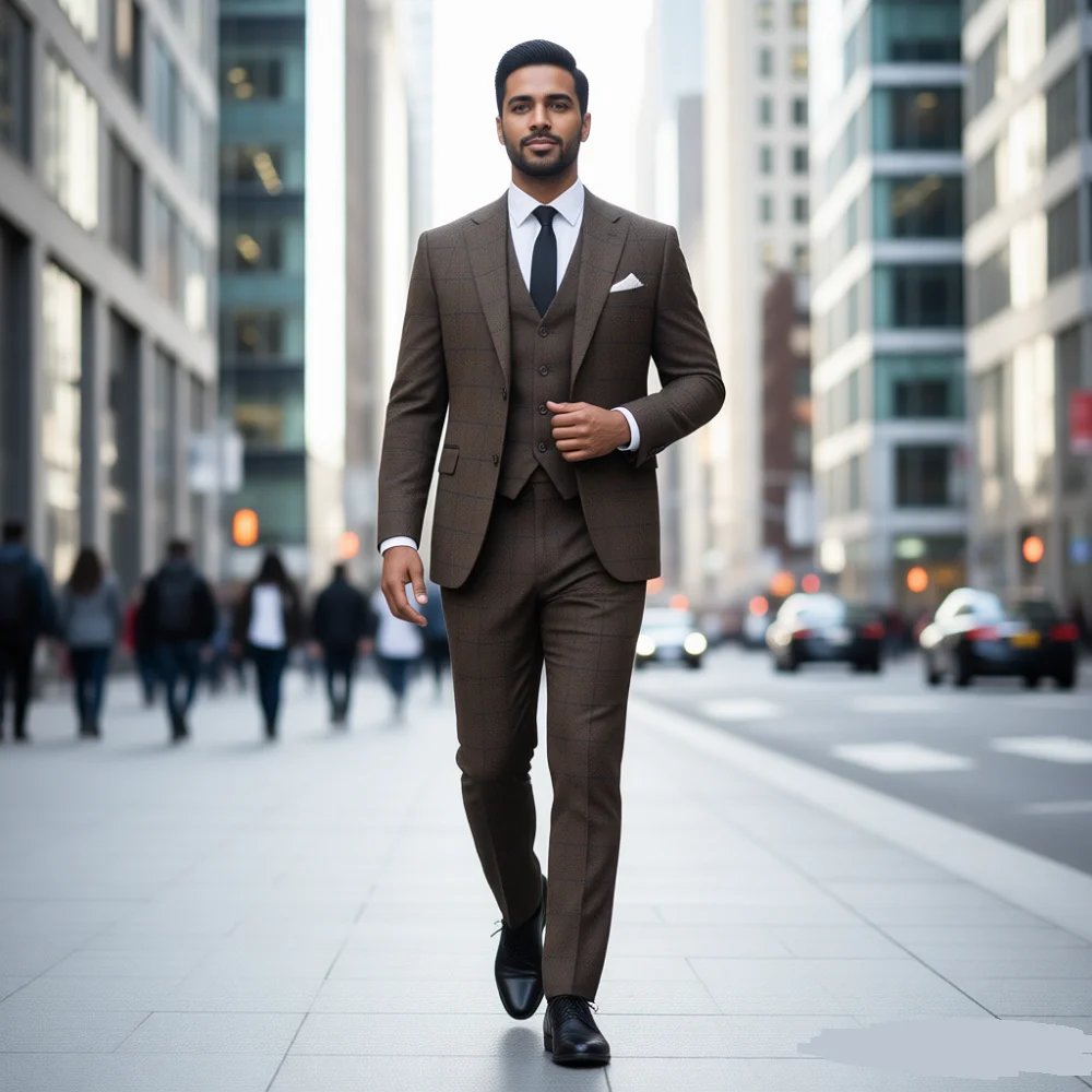 

Мужской коричневый твидовый деловой костюм из трех предметов, приталенный костюм для свадьбы, жениха, подтвержденного курения, с лацканами для деловой вечеринки Ternos Masculinos