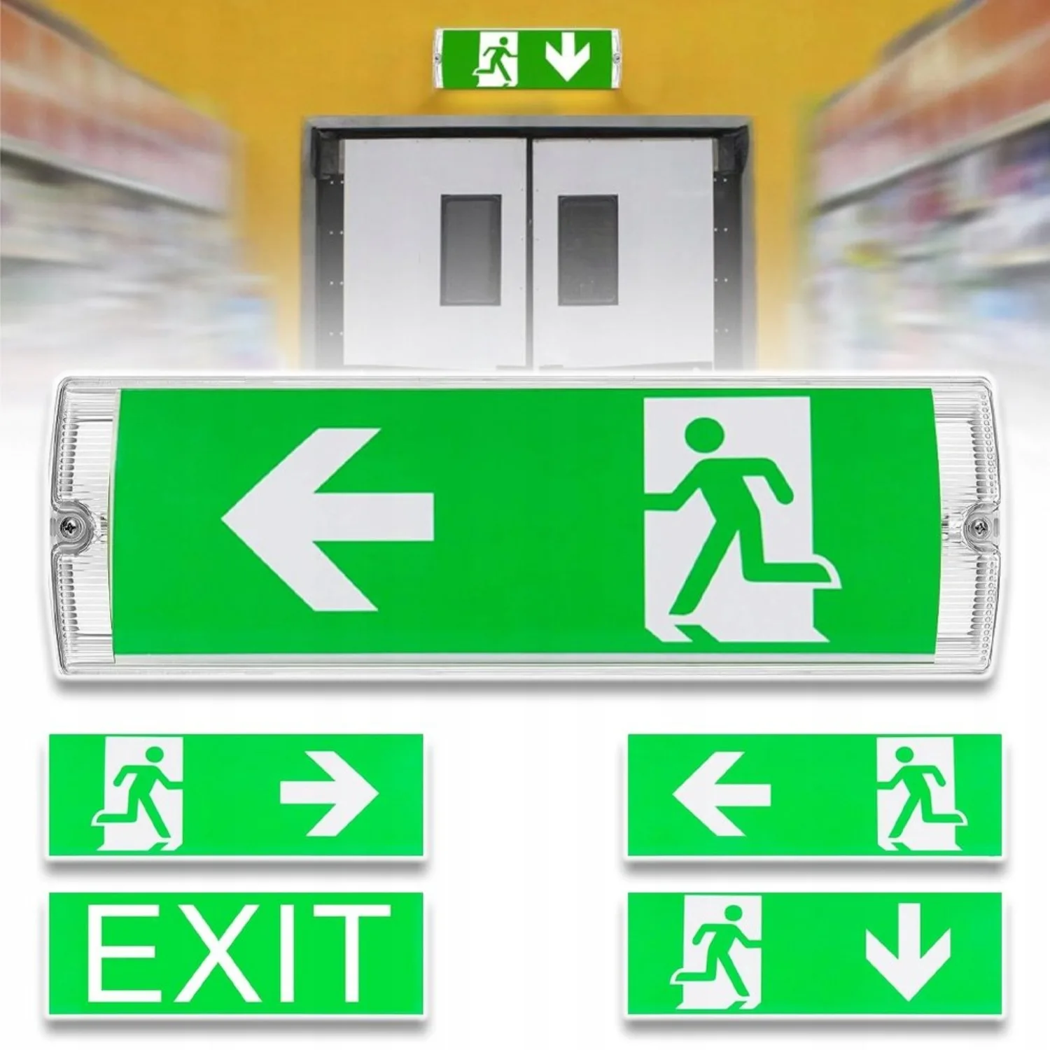 Lumière de signalisation d'urgence LED pour chemin de fuite – 4 autocollants de signalisation pour une indication directionnelle claire |   Batterie de secours pour les pannes de courant |   Idéal pour les bureaux, les hôtels, les écoles et les bâtiments publics