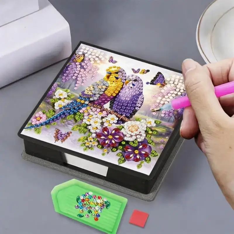 Flower Bird Theme Stone Painting Acrylic Note Box Creative Handmade Craft Project Note Holder For Home Desk Decoration A2UB