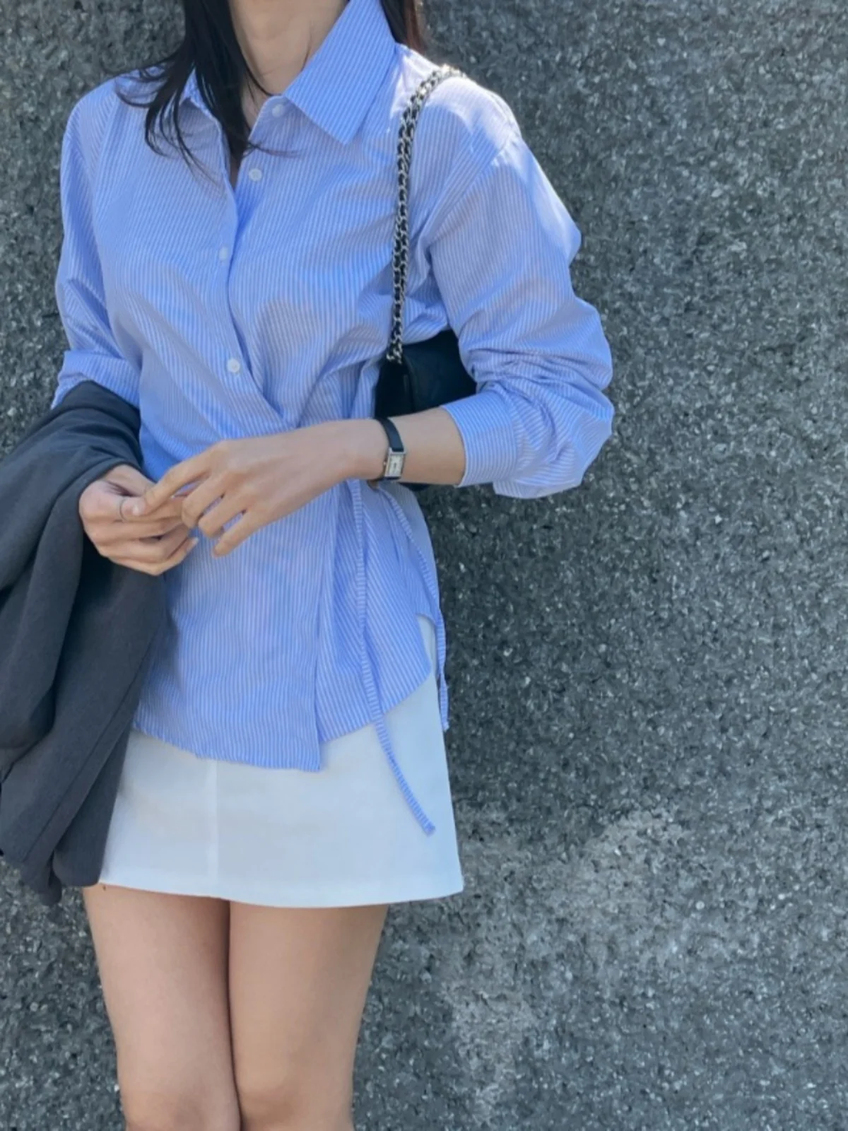 

Spring Unusual Stripes Women's Shirt Design Sense High-End New Style Unique Belt Super Beautiful Top Sweet Style Slim Fit Lon...