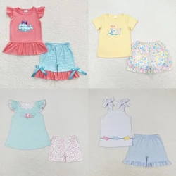 Wholesale Kids Children Short Sleeves Embroidery Tops Two Pieces Baby Girl Summer Set Fish Outfit Toddler Ruffle Shorts Clothes
