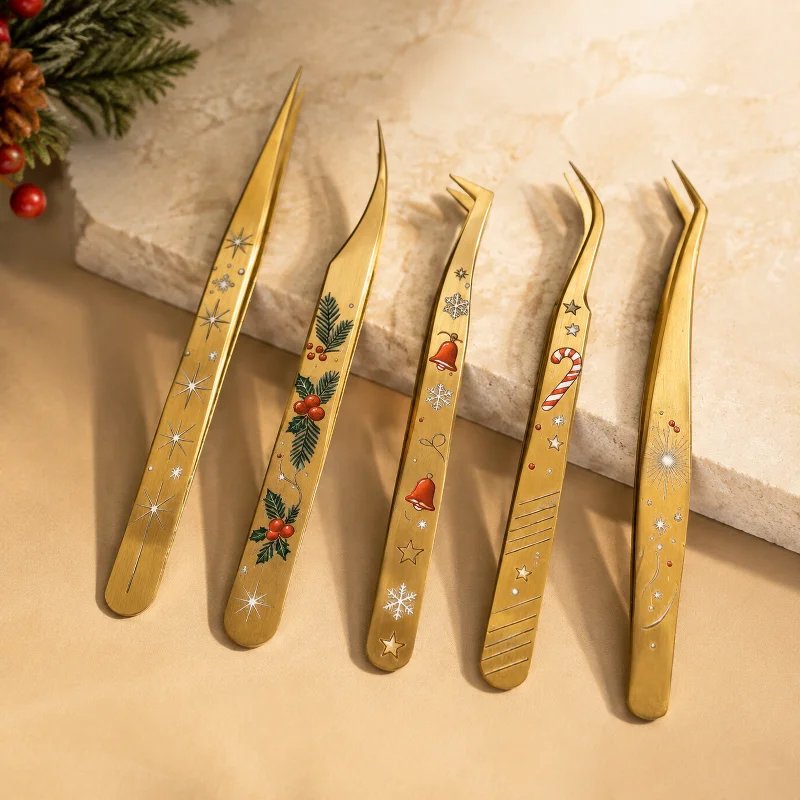 1/2/5pcs Christmas Eyelash Tweezers Golden Stainless Steel Lash Tweezers Professional Precision False Lash Extension Tweezers