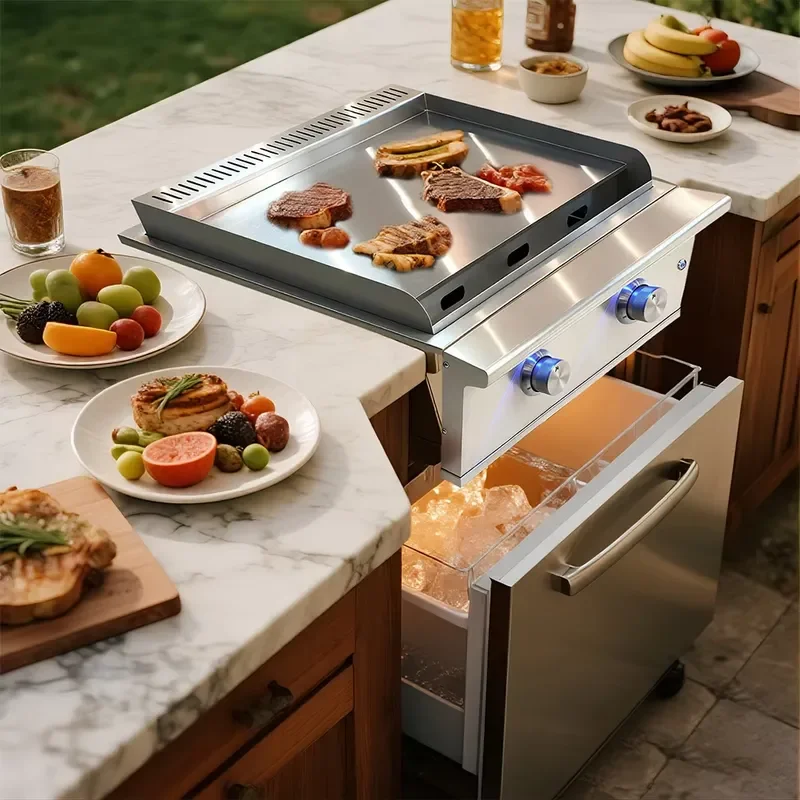 Premium 304 Stainless Steel Built In Gas BBQ Grill 2 Burners Outdoor Kitchen Iron Sheet Thickened Barbecue With Cover High
