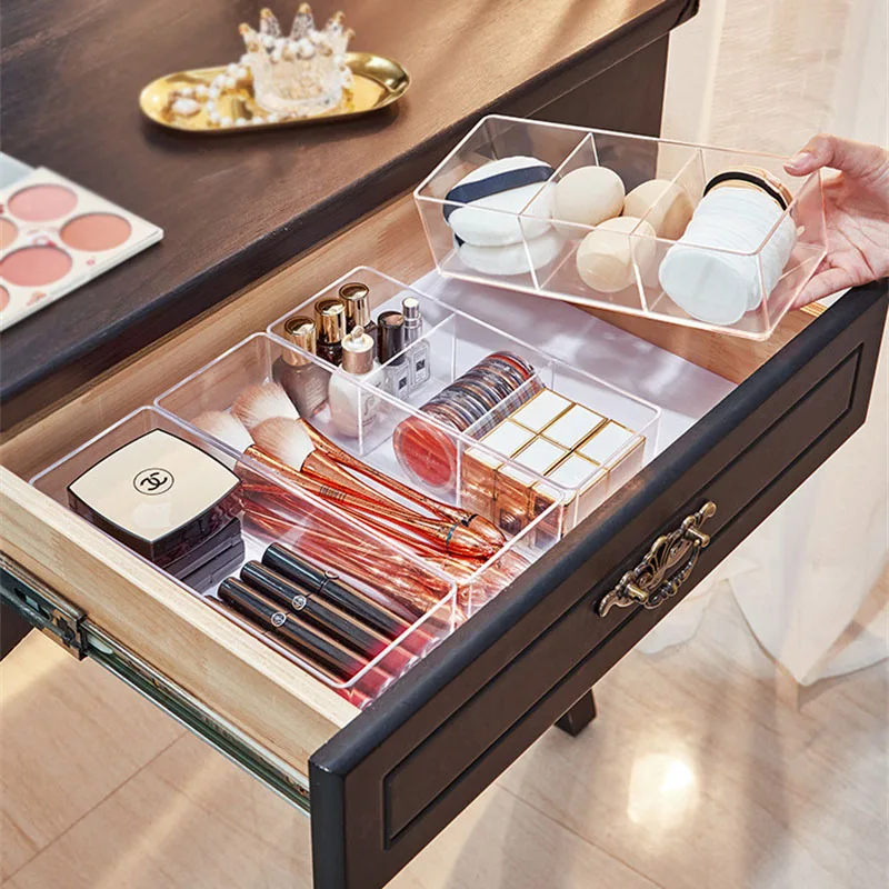 Boîte de rangement de cosmétiques en acrylique, pour rouge à lèvres, pinceaux de maquillage, tiroir de bureau, outils cosmétiques, boîte de rangement de bouffantes de maquillage
