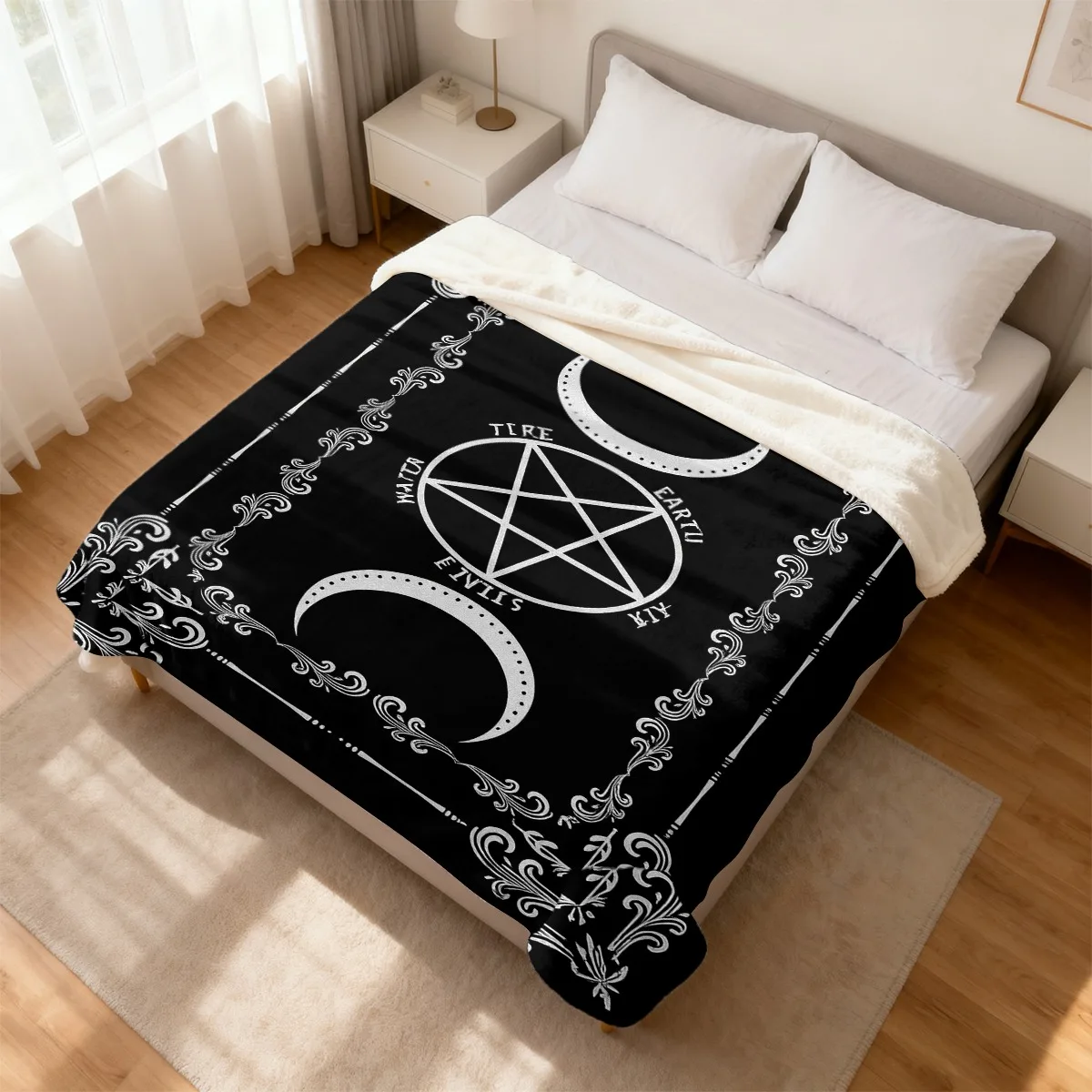 Cozy Flannel Throw Blanket for Couch Boho Witchy Alchemy Elements Design Black and White Polyester Mystical Home Decor Goddess G
