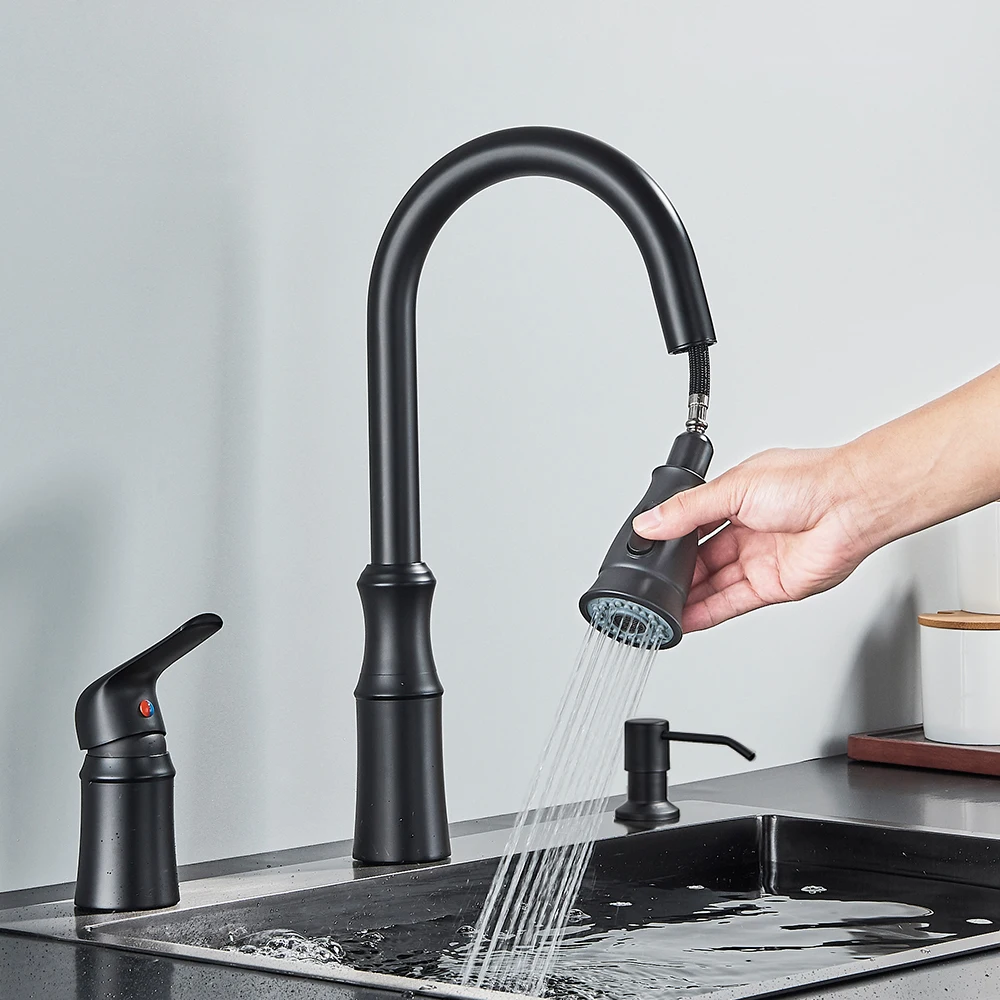 Küchen spüle Wasserhahn, 3 Loch Küchen armaturen mit Pulldown-Sprüh gerät, Küchen armaturen mit Seifensp ender Oulantron 2 Loch High Arc