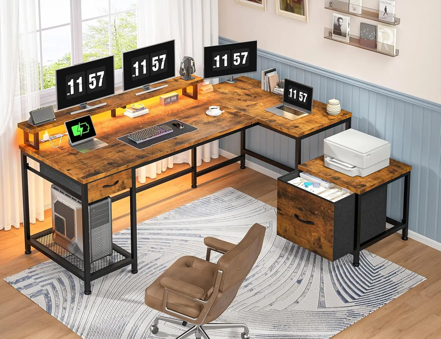 

63" L-Shaped Gaming Desk LED Power Outlets Drawers Monitor Shelf Home Office Study Bedroom Rustic Brown, Customized