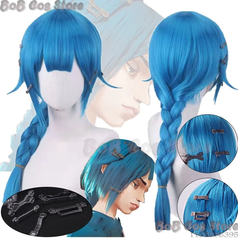 Jinx Childhood Anime Arcane LOL League of Legends Cosplay Prop Blue Wig Hair Clip Women Holloween Roleplay Customized