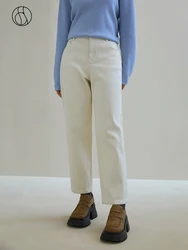 DUSHU 94.3% Cotton Denim White Women Tapered Jeans 2023 Winter New Casual Brushed Fleece Smoke Gray Women Jean Cropped Pants