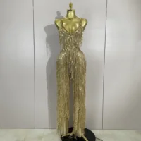 Sparkly Gold Rhinestones Sequins Fringe jumpsuit Women Sexy Nightclub Party Birthday Outfit Show Singer Stage Perform Costume