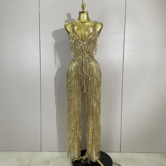 Sparkly Gold Rhinestones Sequins Fringe jumpsuit Women Sexy Nightclub Party Birthday Outfit Show Singer Stage Perform Costume