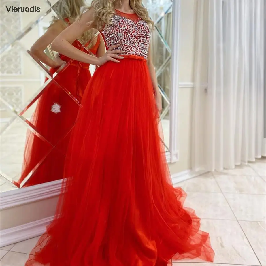 فستان سهرة أحمر على شكل حرف a رقبة دائرية بدون أكمام دانتيل مطرز خرز شيفون فيونكة بدون ظهر طول الأرض ذيل محكمة فستان حفلات 2022 #6