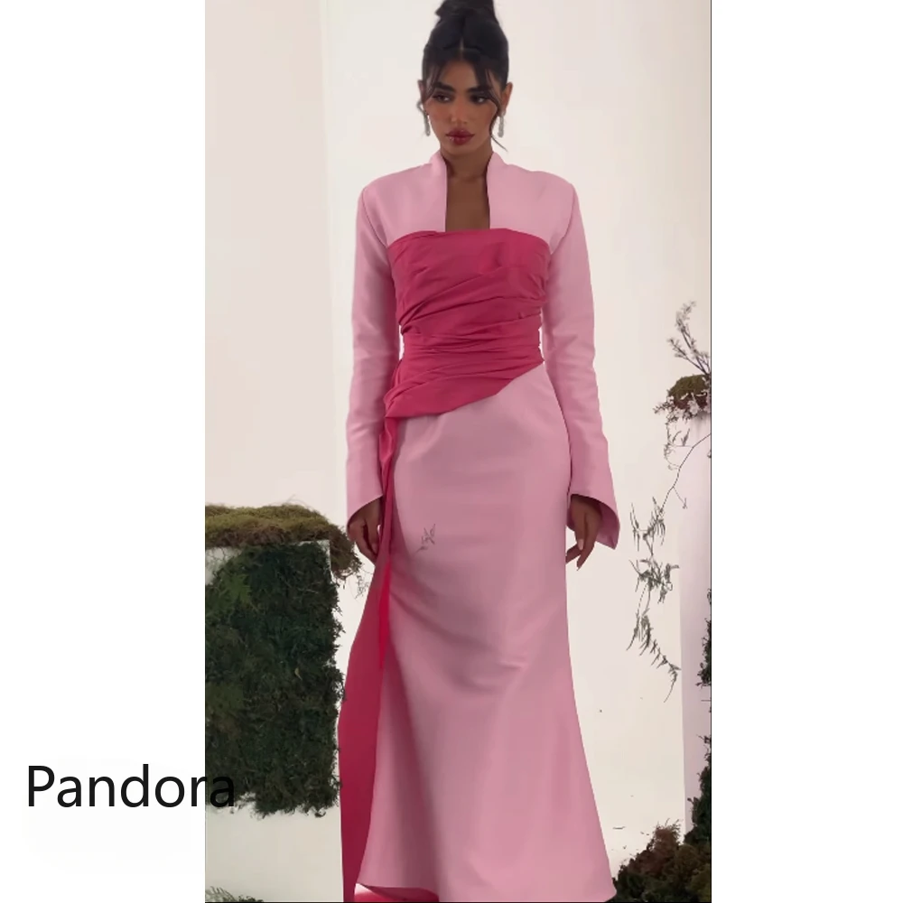 Pandora Square Neck Dubai Prom Dress Long Sleeves Evening Gown With Fethers Ankle Length  Women Wedding Party Dress2024