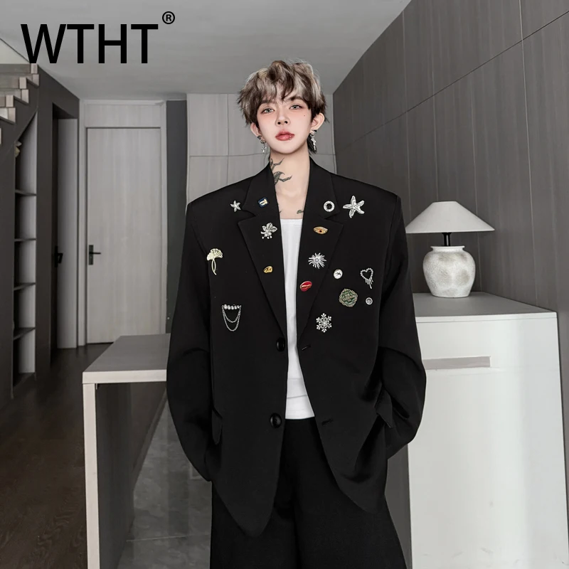 

WTHT модный мужской свободный пиджак с металлическим дизайном, модный однобортный пиджак с отложным воротником, мужской осень 2023, 2A1869