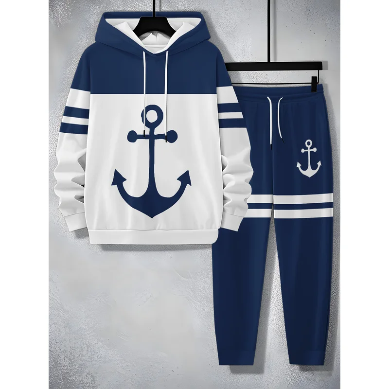 The Men'S Casual Sportswear Set Includes A Hooded Sweatshirt And A Pair Of Blue And White Color Block Designed Pants - view 3