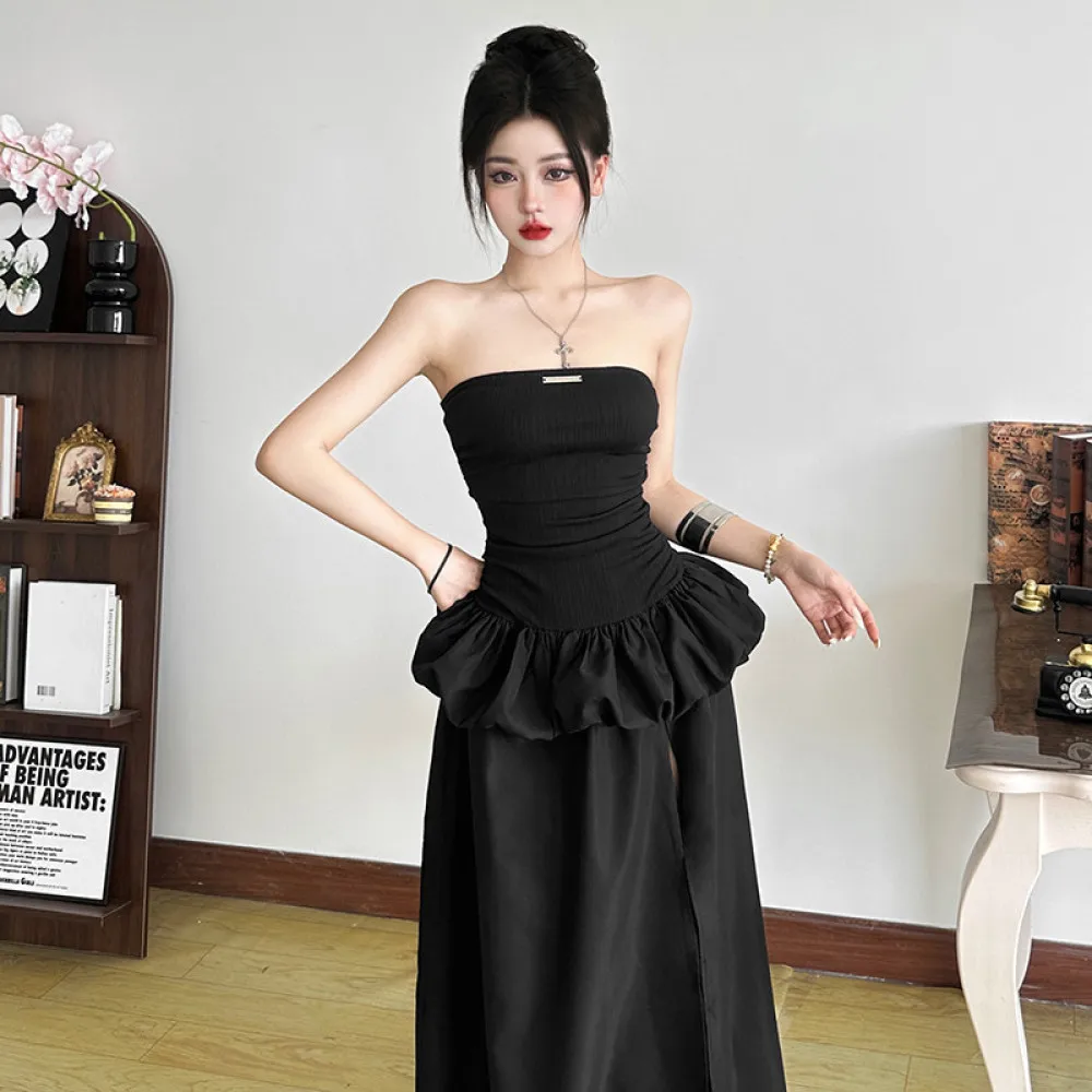 

SylCue Irregular Patchwork Strapless Dress Women Off Sleeves Side Slit Street Fashion Versatile Sweet Style Elegant Long Bodycon