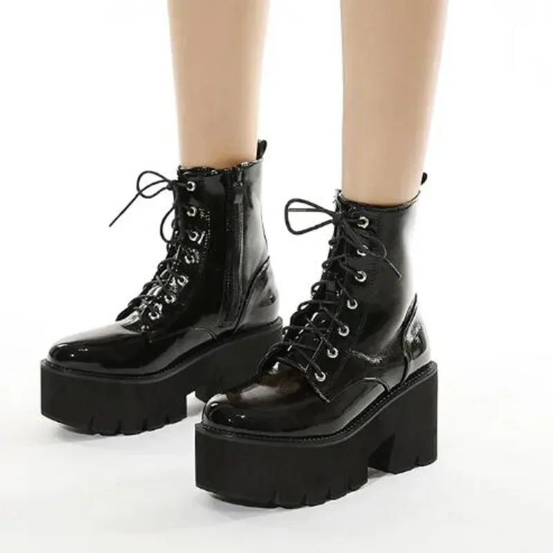 Fashion Chunky Motorcycle Boots for Women Autumn Winter Goth Boots Fashion Round Toe Lace-up Combat Boot Ladies High heels Shoes - view 3