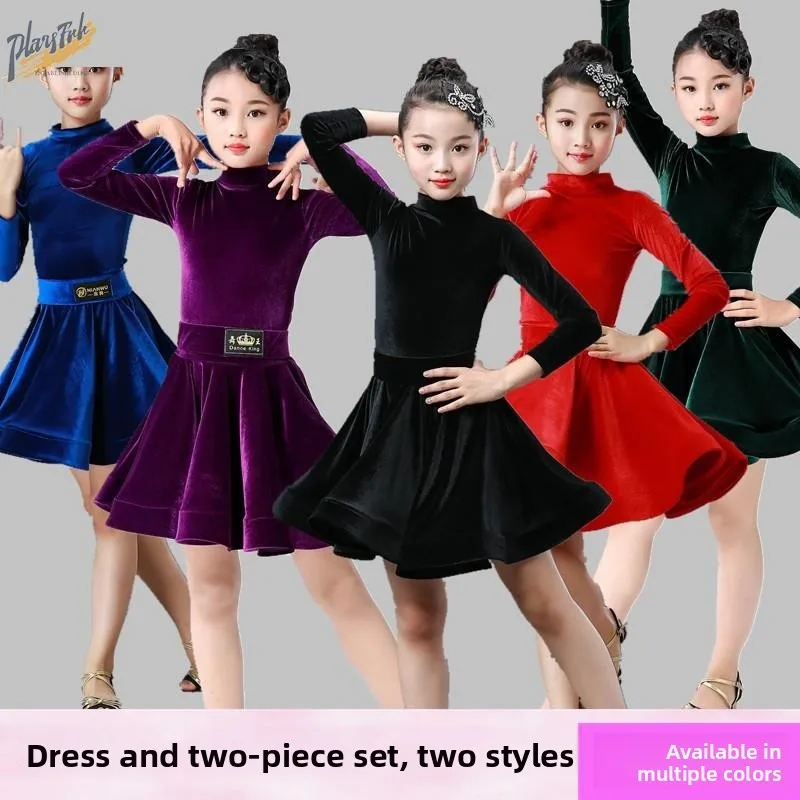 

Children's Latin Dance Costume Velvet Long Sleeve Skirt for Girls Competition Performance Autumn Winter Big Skirt Swing Dress