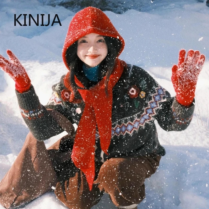 Korean Balaclava Bonnet Women Skullies Beanies Hat Scarf One-piece Thickened Warm Neck Protection Winter Accessories Knitted Law