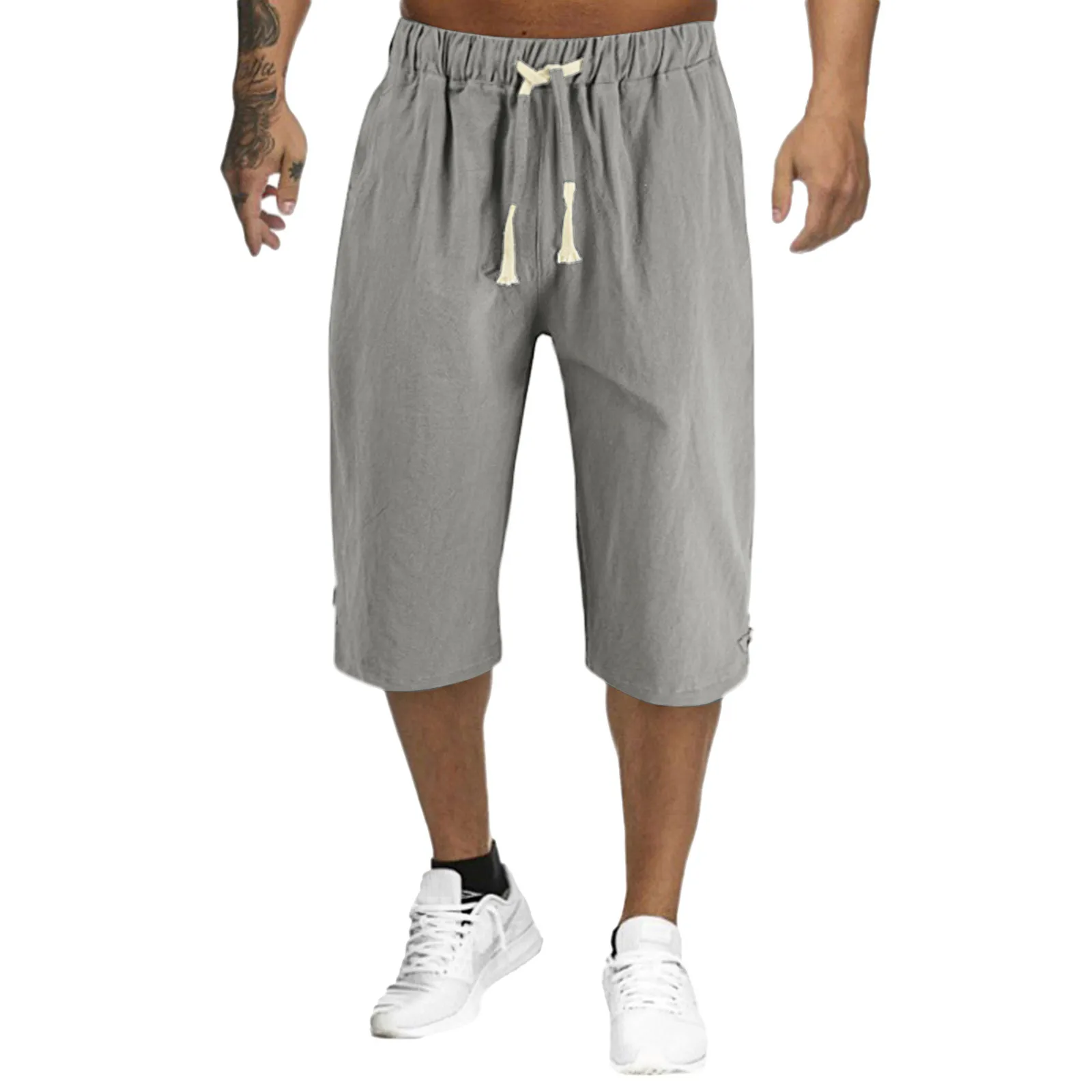 

Men Cropped Trousers Basic Fashion Summer Pants Beach Cotton Linen Capri Pants Men Cargo Trouser Elastic Waist Drawstring Shorts