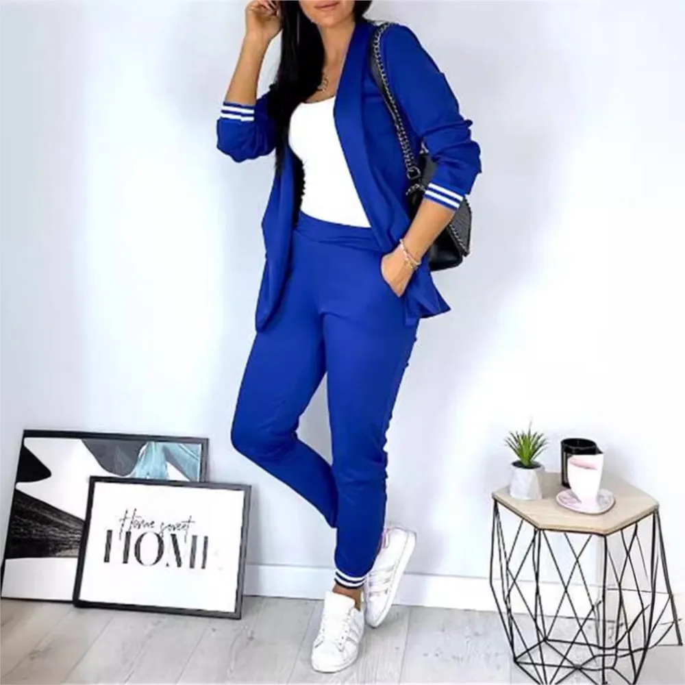 Fashion Striped Splicing Long Sleeve Blazer Women 2 Piece Set Autumn Slim Fit Pocket Small Feet Trousers Female Suit Office Suit