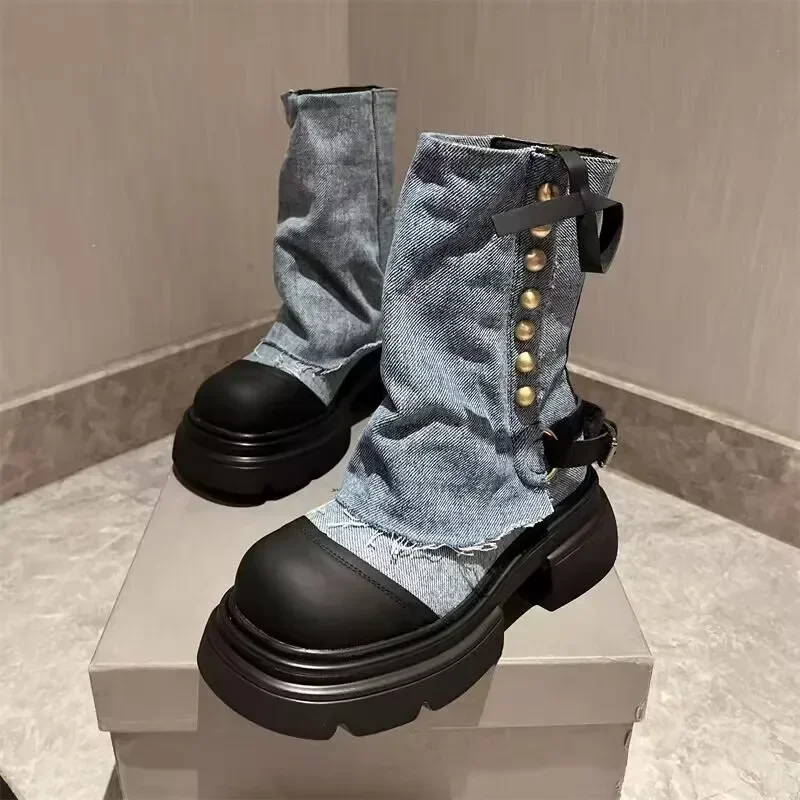 Designer Women Ankle Boots Fashion Slip On Thick Bottom Platform Shoes Ladies Elegant Morder Short Boots 2024