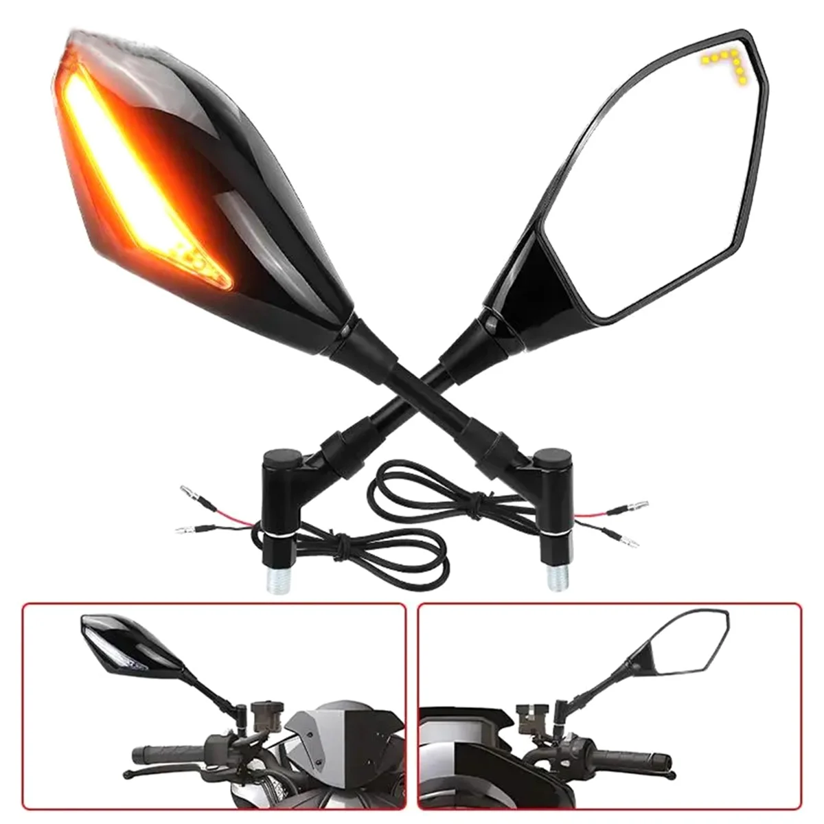 M8 M10 Universal Motorcycle Side Rearview Mirrors with Amber LED Turn Signals Indicator Lights for Honda Yamaha Kawasaki