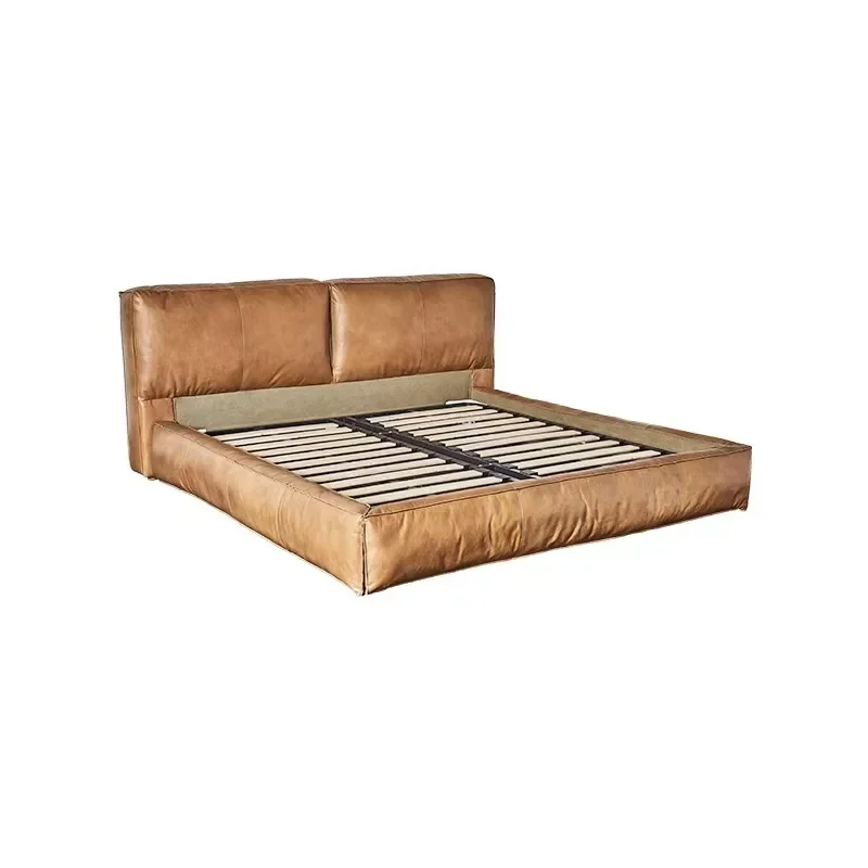 

Holiday-style first-layer leather bed retro oil wax leather art double bed simple big bed Italian wedding master bedroom