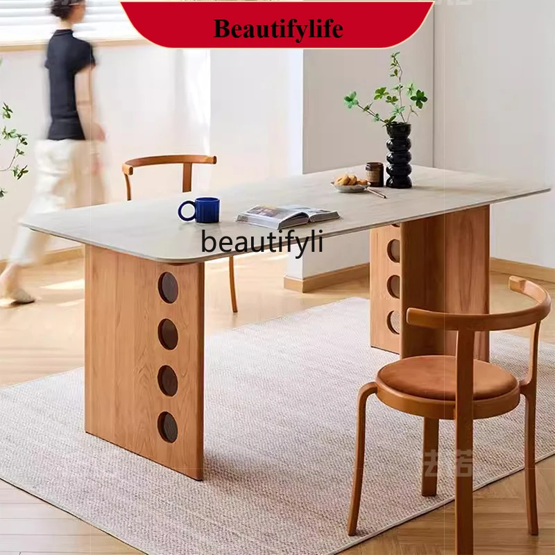 z183  Cream wind tunnel slate solid wood dining table cherry wood home medieval style living room modern dining table