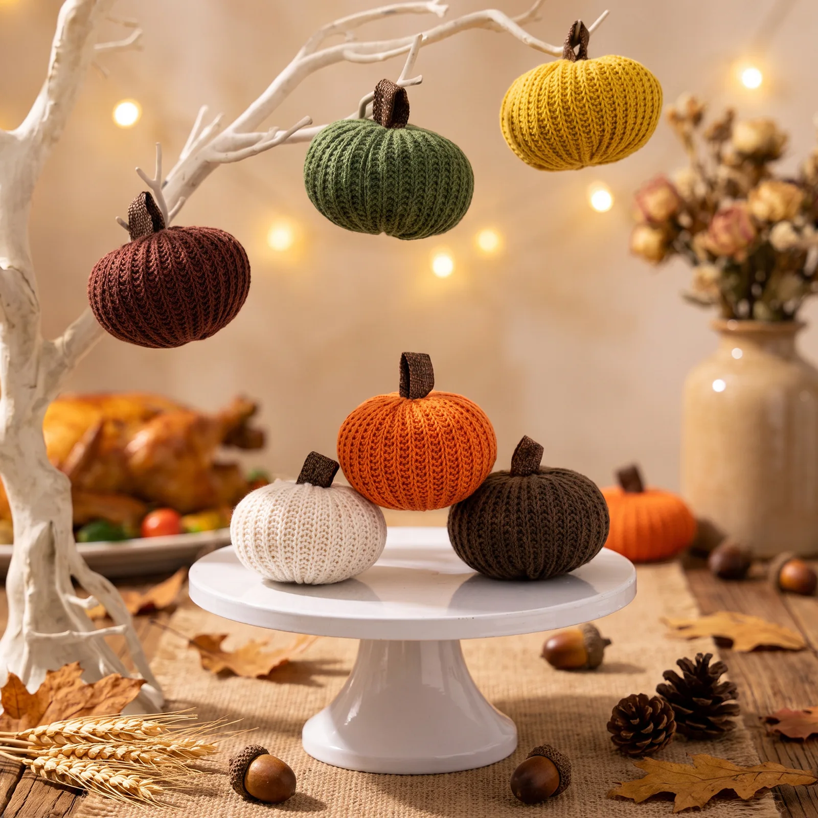 6 PCS/Set Pack Halloween Pumpkin Decoration Thanksgiving Colorful Pumpkin Window Pendant Knitted Pumpkin Table Ornament Keychain