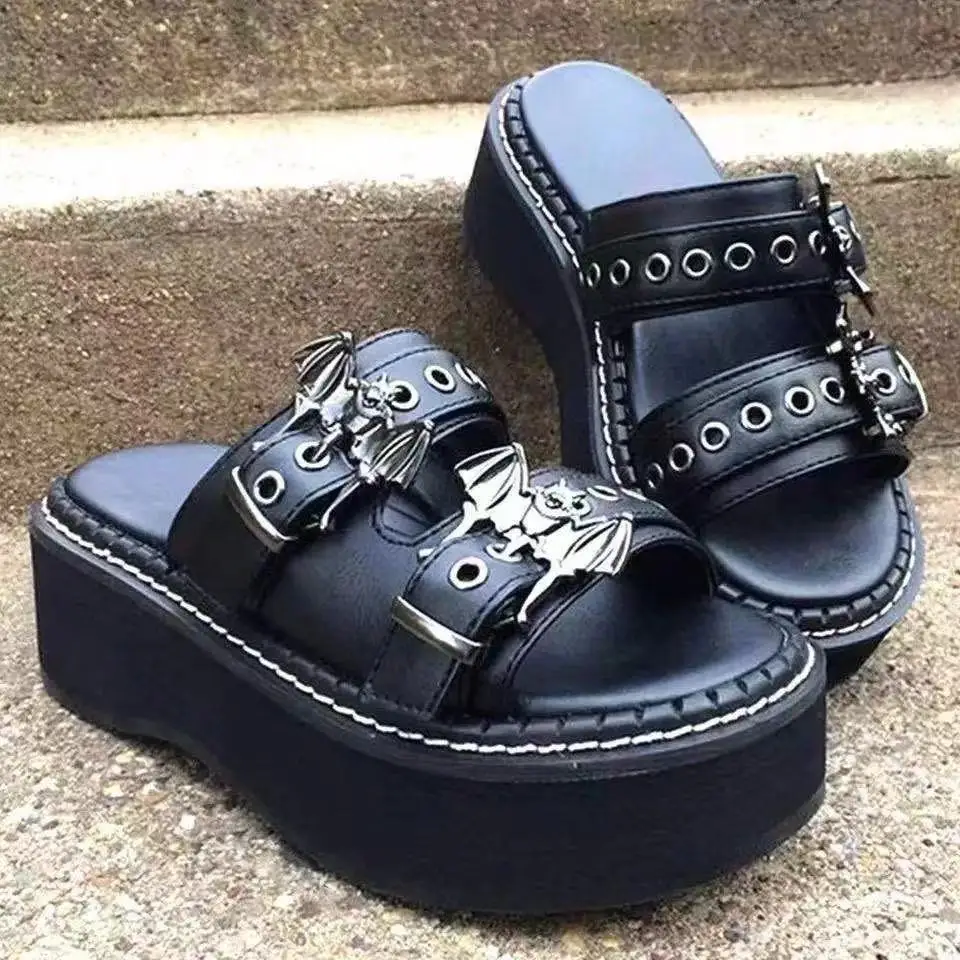 

Goth Punk Large Thick bottom Slippers Female Summer 2023 New Punk Bat Decorative Belt Buckle Slope Heel Sandals Female