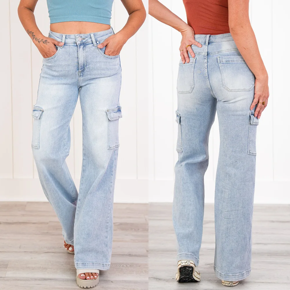 Women Straight Multi Pockets Solid Color Light Blue Simple Basic Daily Trendy Cargo Jeans Pants Female European Denim Trousers