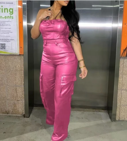 

New Off Shoulder Strapless Tight Pu Leather Jumpsuit Solid Color Strapless Sleeveless High Waisted Straight Leg Leather Jumpsuit