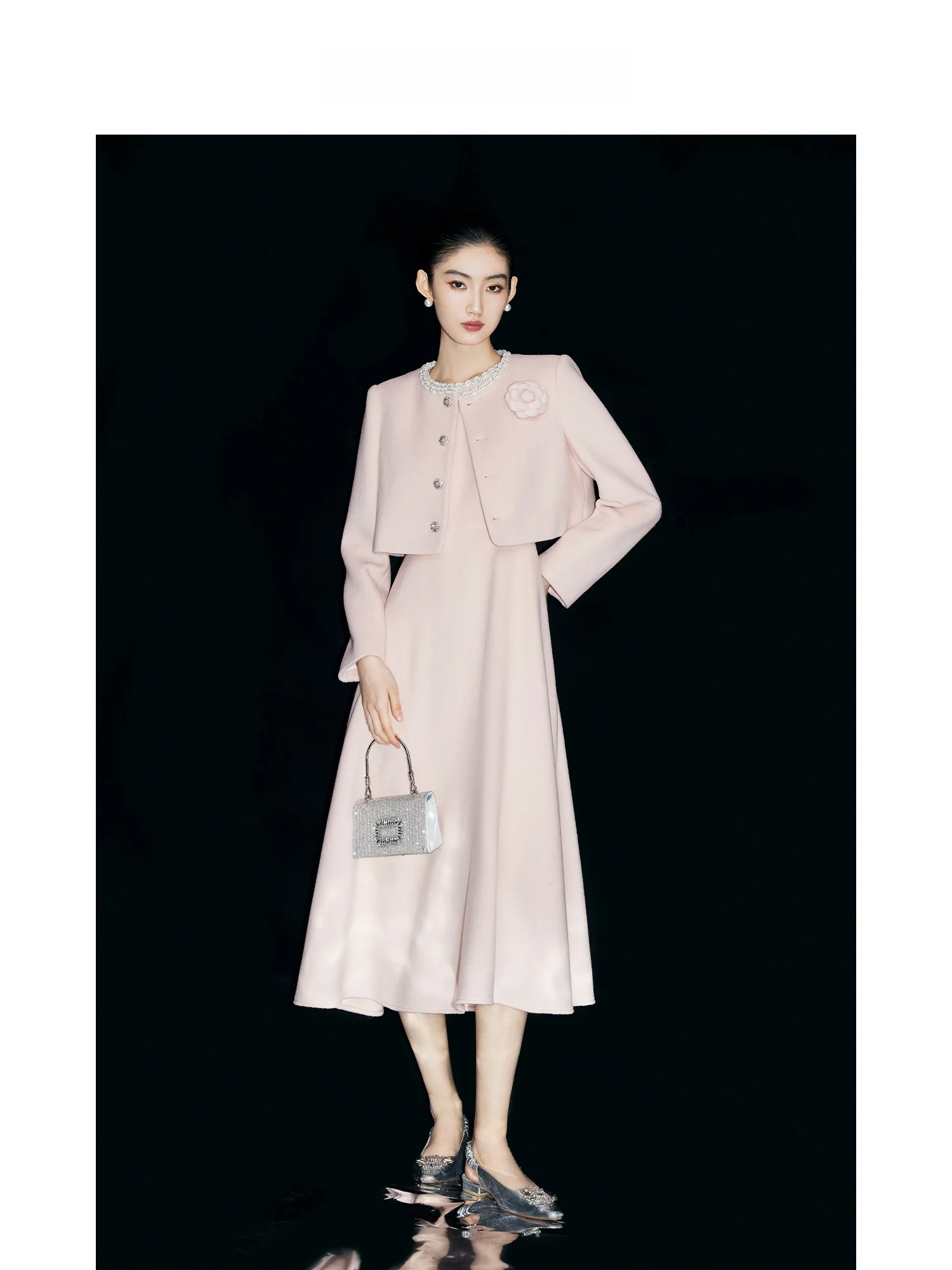 

Комплект пальто из чистой шерсти MandyZhang с жемчугом и бриллиантами для женщин, осень-зима, мягкий розовый обручальный комплект Dr