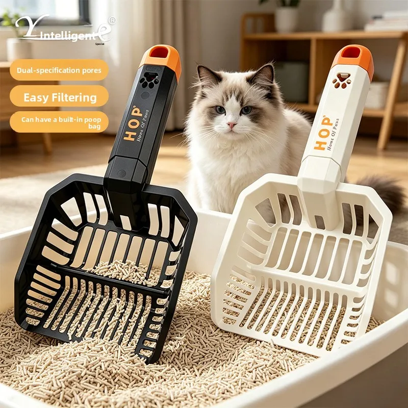 Dual‑Slot Cat Litter Scoop Built‑in Poop Bag Storage Long Handle Sifting Shovel for Tofu Mineral Mixed Cat Litter, Black & Beige