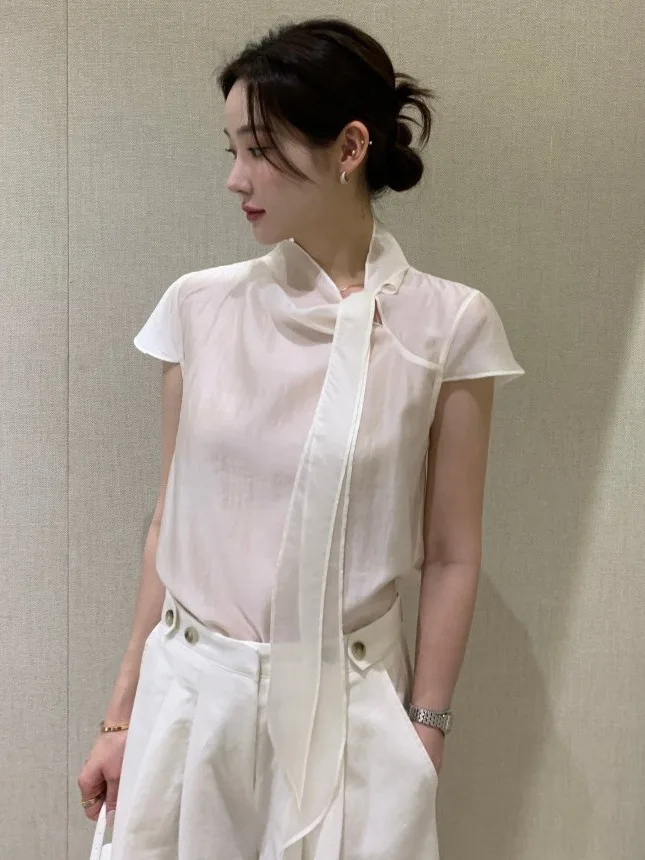 Sweet Chic Women's ort Sve irt Bow Tie  Knot Sli Summer New Arrival Small Capita Sle Knitted Sweater