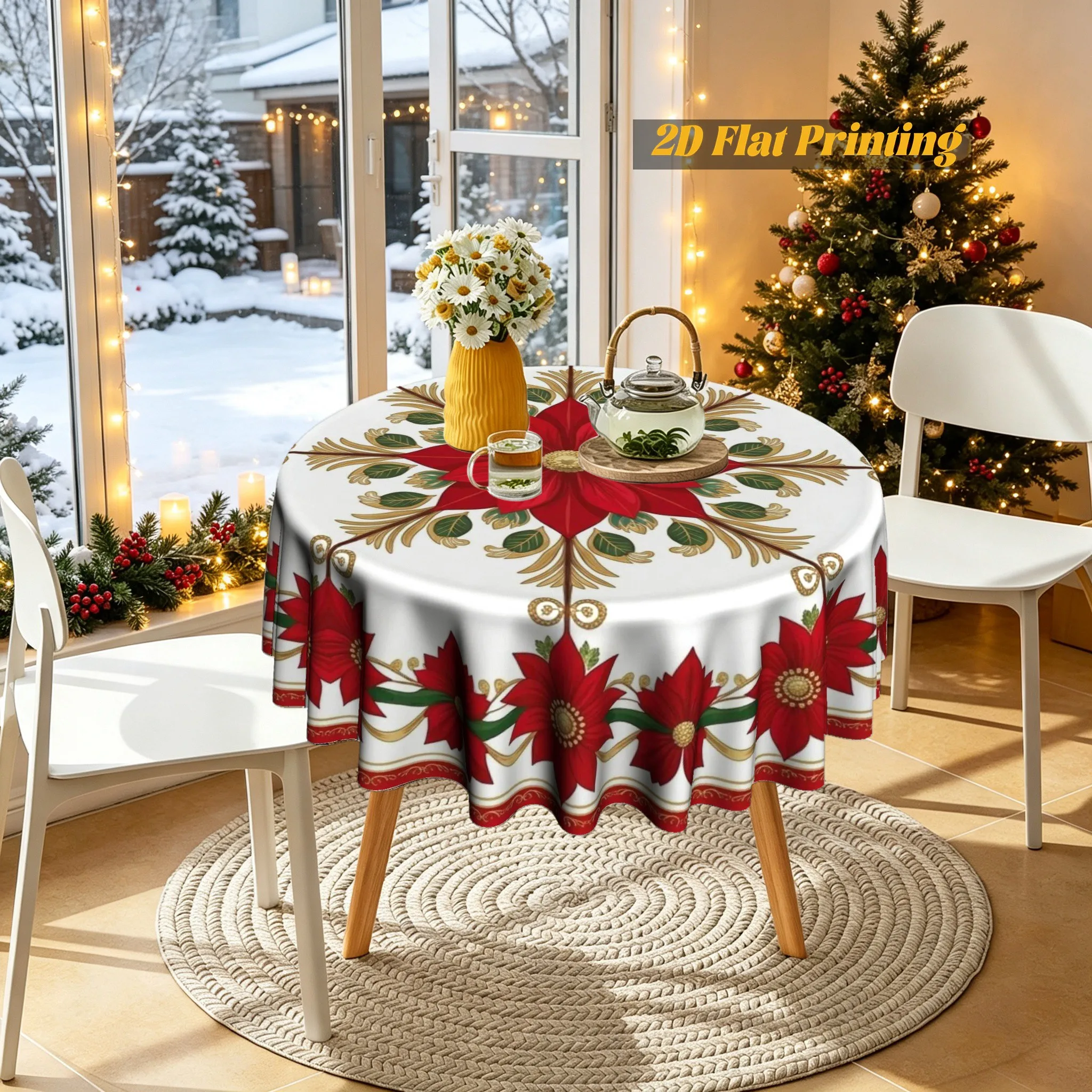 1 piece radiant layout large red Christmas star flower gold embellished round tablecloth | Home desktop decorations
