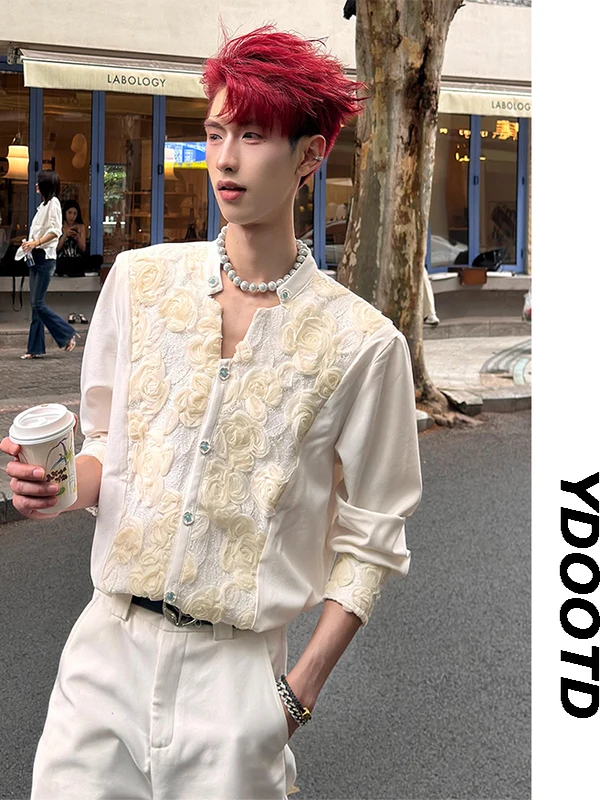 

Casual Rose Embroidery Shirt Men's V-Neck Long Sleeve Standard Fit Breathable Youthful Polyester Fabric Four Seasons Wear