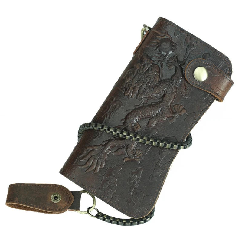 Wallets Men Anti-theft Dragon Design Vintage Purse Guenuine Cowhide Leather Tickets Key Holder Keep Cards Pouch Bag