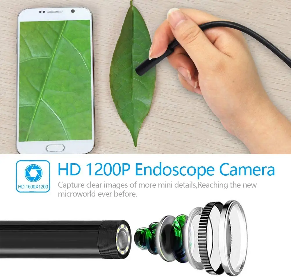 Wireless Inspection Endoscope Camera 1200P HD WiFi Borescope IP67 Waterproof with 8 LED Light for iPhone Android Laptop Mac