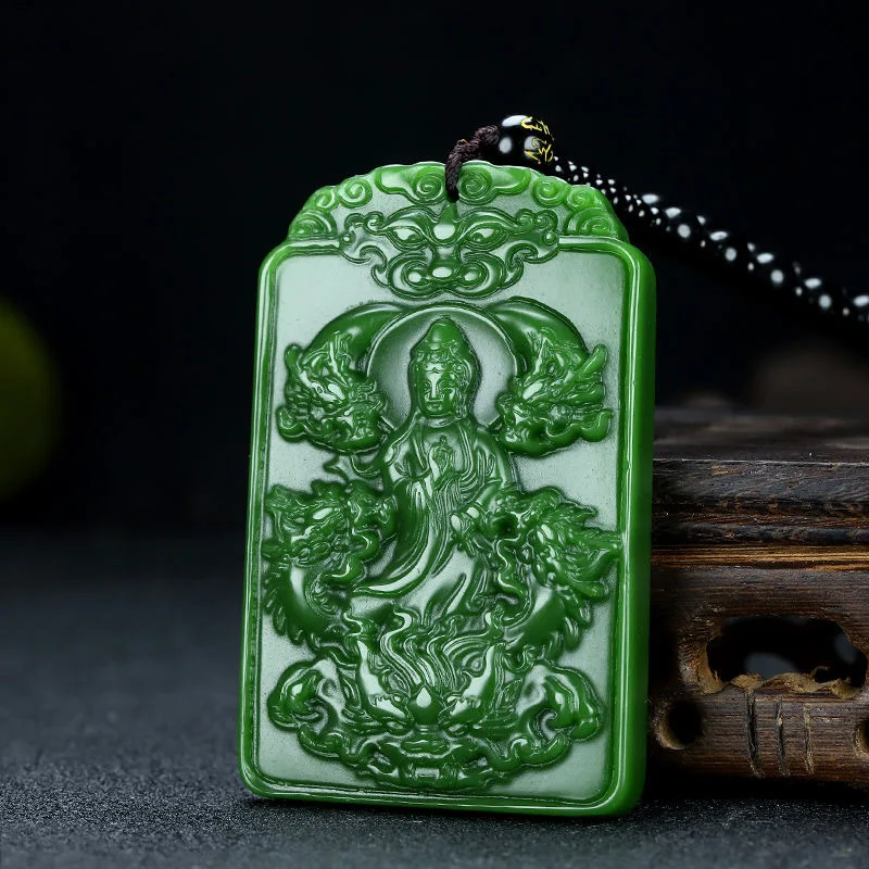 

Подвеска из нефрита Юйлун Гуаньинь из Синьцзян-Хэтяньского нефрита, цвета яшмы, с тонкой резьбой, унисекс.