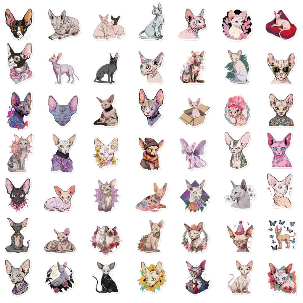 50PCS Sphinx Canadian Hairless Cat Cartoon Creative Stickers DIY Phone Laptop Luggage Skateboard Graffiti Sticker Kid Gift